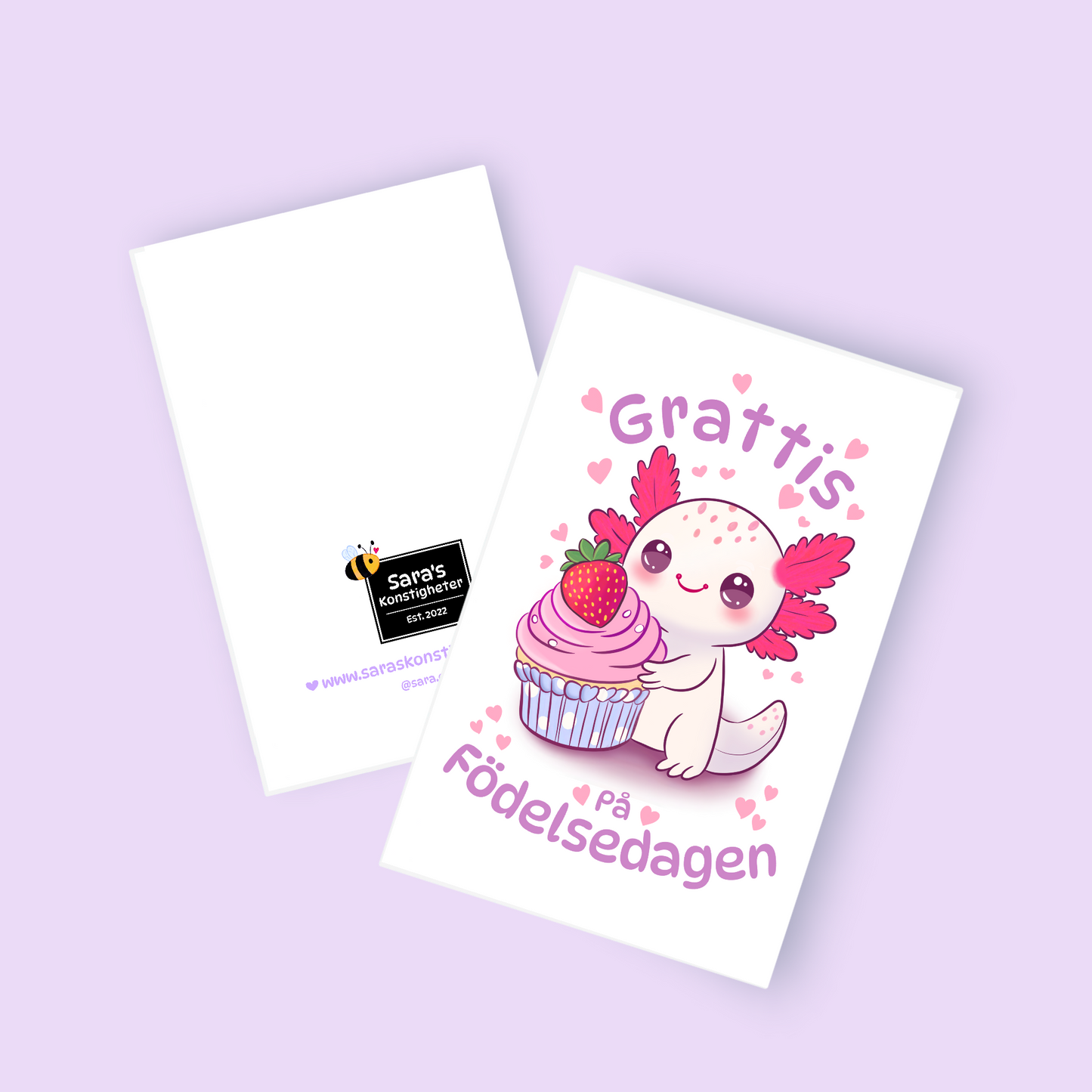 Happy Birthday Greeting Card - Axolotl - Available in 3 different languages - Purple Envelope Included