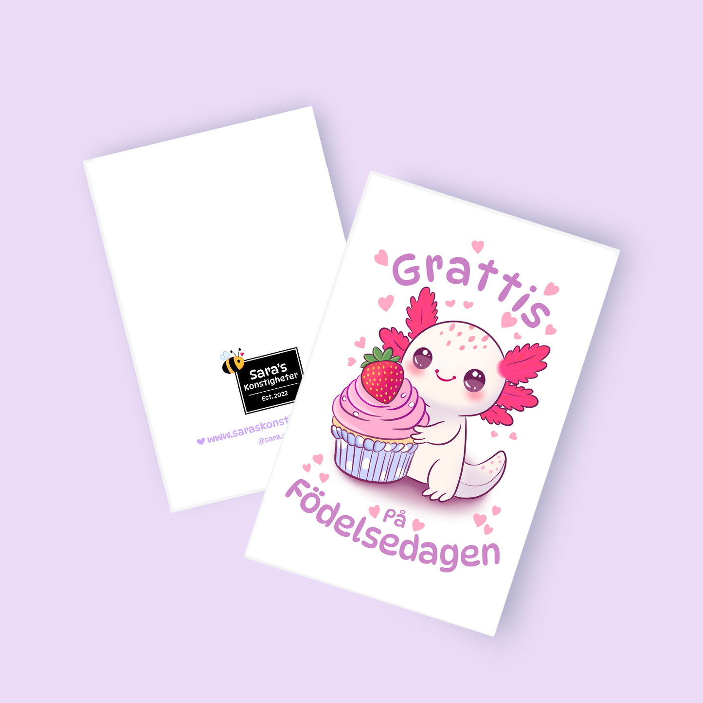 Happy Birthday Greeting Card - Axolotl - Available in 3 different languages ​​- Purple Envelope Included