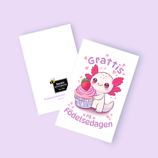 Happy Birthday Greeting Card - Axolotl - Available in 3 different languages ​​- Purple Envelope Included